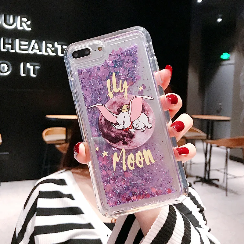 Cartoon Fly Moon Dumbo Elephant Glitter Phone Case for Iphone X XR XS MAX 6 6S 7 8 Plus Dynamic Quicksand Liquid Soft Back Cover |