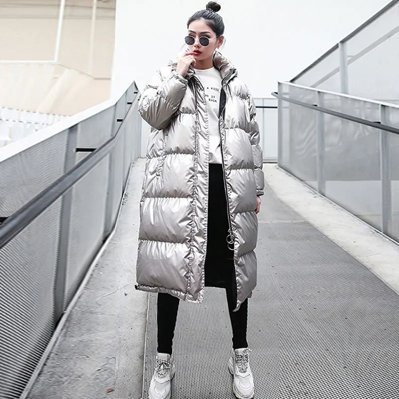 Silver Long Silver Jackets Women Parka Winter Warm Outerwear Fashion Bright Cotton Coat Ladies Winter Loose Down Jacket Thick T399 - Цвет: Silver