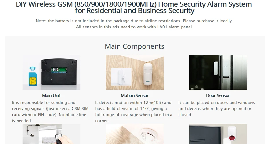 HOMSECUR DIY GSM сигнализация для домашней безопасности(панель сигнализации LA01, датчик движения PIR, датчик дыма, вспышка стробоскоп сирена и т. д. опционально