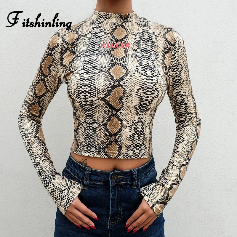 Fitshinling змеиный принт harajuku женская футболка укороченный Топ Мода Тонкий 2019