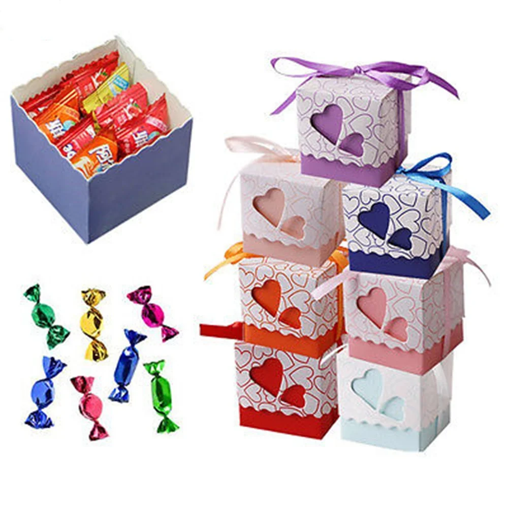 

100pcs European love candy box wedding candy packaging gift gift box carton hollow double heart send ribbon