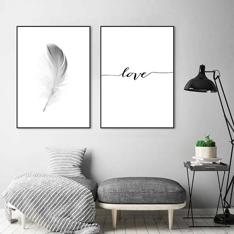 Black And White Poster Abstract Feather Canvas Print Dandelion Painting Love Quotes Posters Prints Wall Art Decor Unframed | Дом и сад