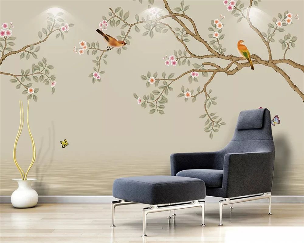 beibehang Custom wallpaper hand drawn flowers birds background plum blossom peach wall papers home decor papier peint | Обустройство