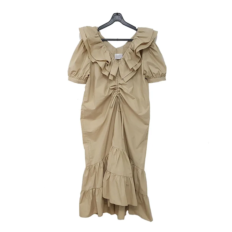 

PERHAPS U Women Ruffle Collar Short Sleeve Drawstring Midi Dress Khaki White Loose D1088