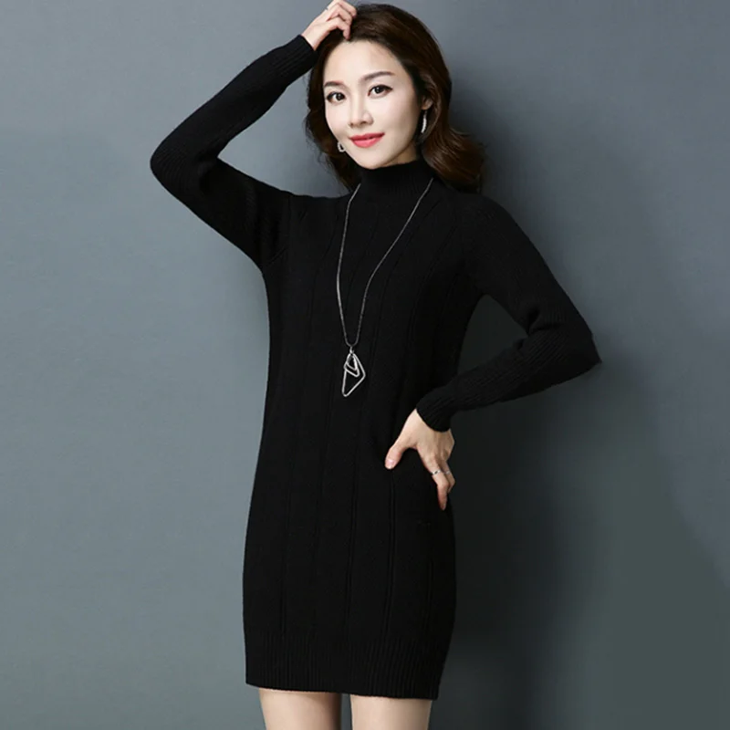 Turtleneck Mid Long Knitted Sweater Dress Women 100% cashmere Slim Bodycon Pullover Female Autumn Winter 2018 X293 | Женская одежда