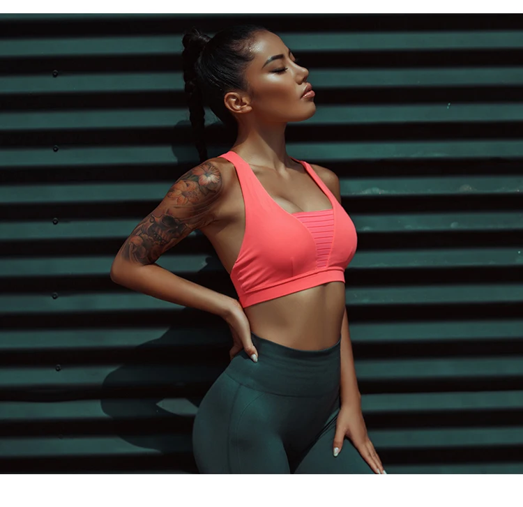 High-intensity Exercise Support Sports Bra Push up Chest Elastic Fabric Patchwork Fitness High impact Gym Yoga bra padded Top