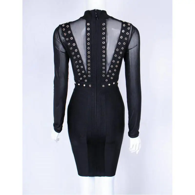 2017 Новый Женщины С Длинным Рукавом сетки Черный o шеи Партия Bodycon Коктейль Бинты