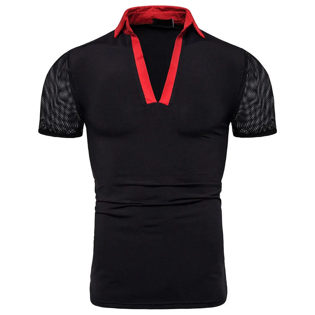 Feitong Мужская футболка camiseta летняя Лоскутная с v образным вырезом сетчатая