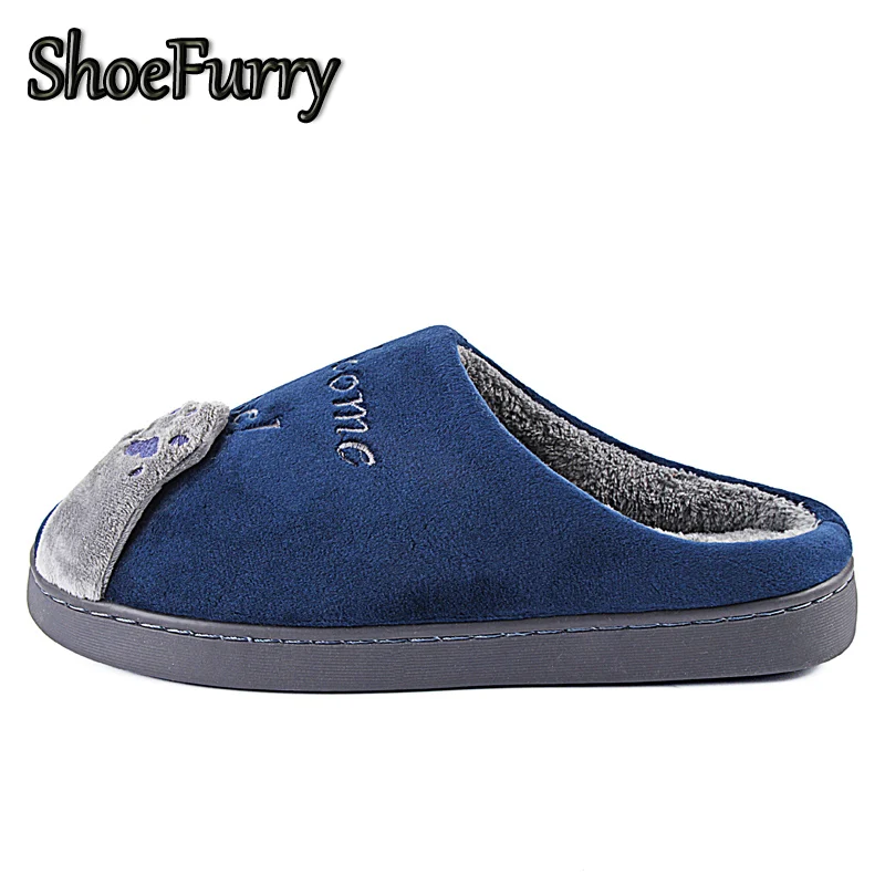ShoeFurry/домашние тапочки; хлопковая обувь; коллекция года; зимние домашние тапочки с рисунком кота; мужские Нескользящие мягкие тапочки; теплые плюшевые Тапочки Мужские тапочки для спальни Осень сгущает обувь