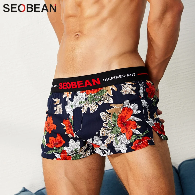 SEOBEAN Young Fashion мужские боксеры цветочные шорты сексуальная сумка для пениса мужские боксеры шорты домашние свободные трусы молодежное Мужское нижнее белье