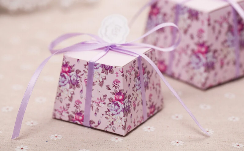 100 шт. красивые фиолетовые Цветочные трапециевидные коробки для конфет Свадебная
