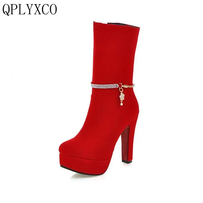 QPLYXCO 2017 Botas Feminina/Новые Фирменные женские ботинки до середины икры Сезон осень зима