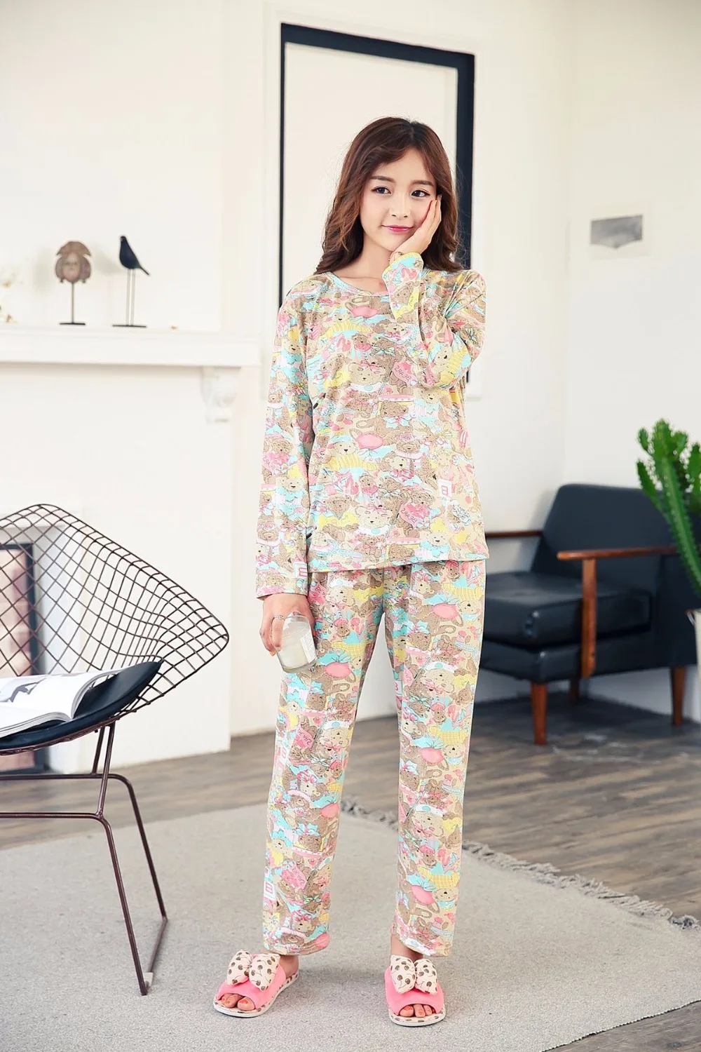Foply Новинка г. Лидер продаж осень пижамы для женщин коробки милые Pijama узор пижамный комплект тонкий Pijama Mujer пижамы