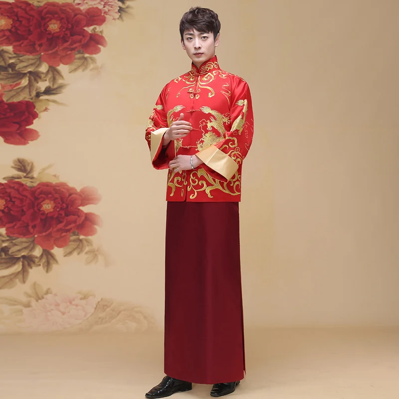 

Chinese style bridegroom wedding gown robe show clothing male pratensis dragon gown tang suit costume embroidered Double Dragon