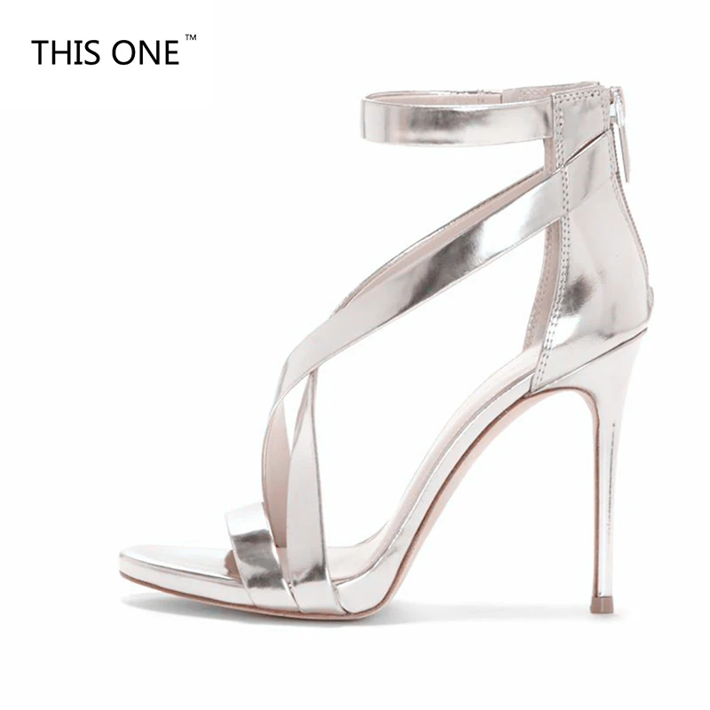 

2018 new design Gold and silver pointed toe women shoes cross-tied high heel summer sandals zipper buckle strap plus size