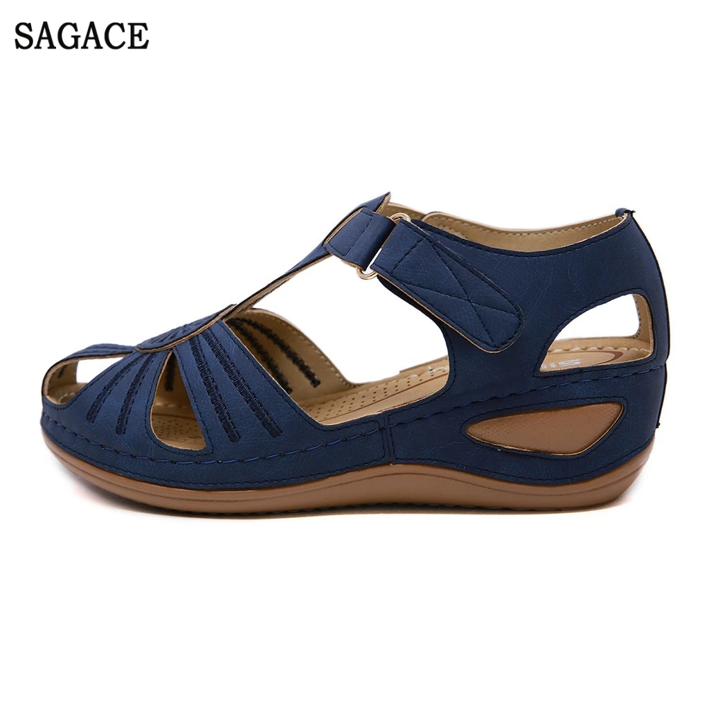 SAGACE/летние женские сандалии в римском стиле с круглым носком однотонные туфли на танкетке