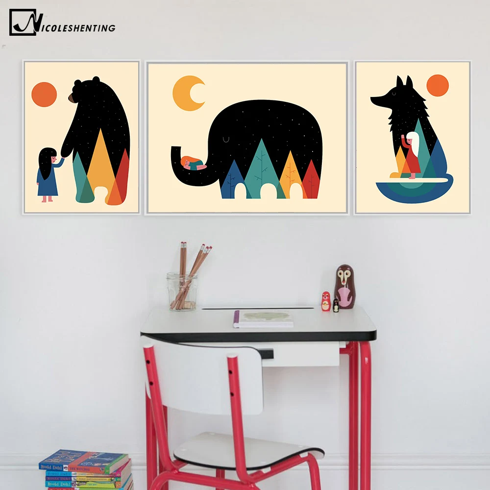 Nordic Art Cartoon Animal Poster Elephant Bear Wolf Minimalist Canvas Painting Nursery Wall Picture Kids Baby Room Decoration|canvas painting|wall