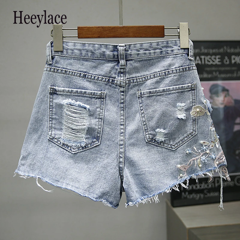 Рваные джинсовые шорты с 3D цветочным рисунком высокая талия 2019 женские вышивкой