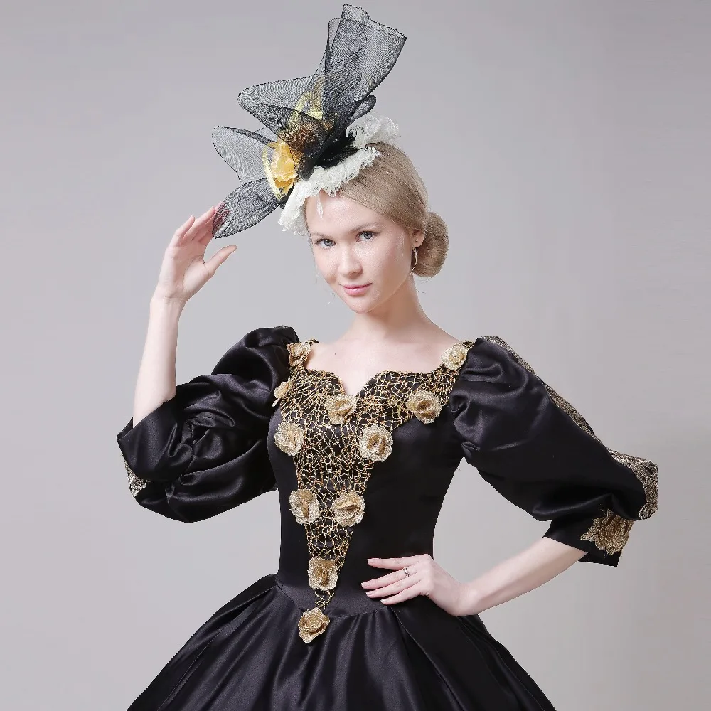 19 го века рококо старинное бальное платье черное в викторианском стиле