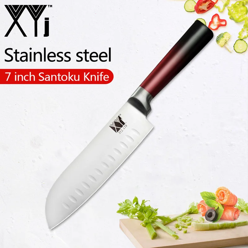 7inch Santoku Knife XYj набор кухонных ножей из нержавеющей стали с красной и черной ручкой того же цвета, 8 дюймов, подставка для ножей, точилка для ножей, кухонный набор для приготовления пищи - Цвет: 7inch Santoku Knife