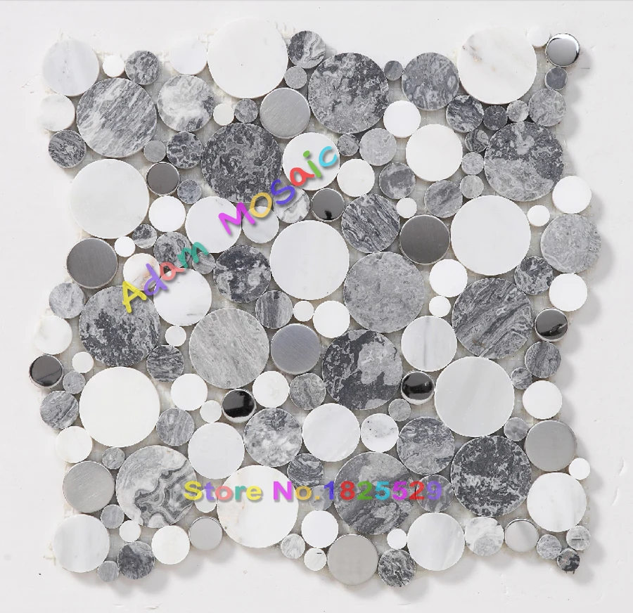 penny round tiles black and white tile natural stone marble mosaics kitchen backsplash panels |