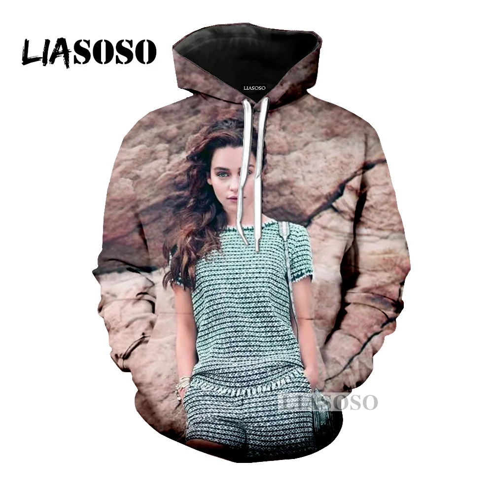 LIASOSO Последняя мода толстовка актер Эмилия Кларк для мужчин и женщин с капюшоном