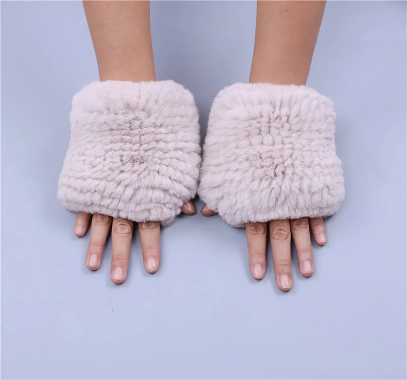 Beige Новые вязаные женские полуперчатки из натурального меха кролика Рекс, зимние перчатки из натурального меха, мягкие теплые эластичные - Цвет: Beige