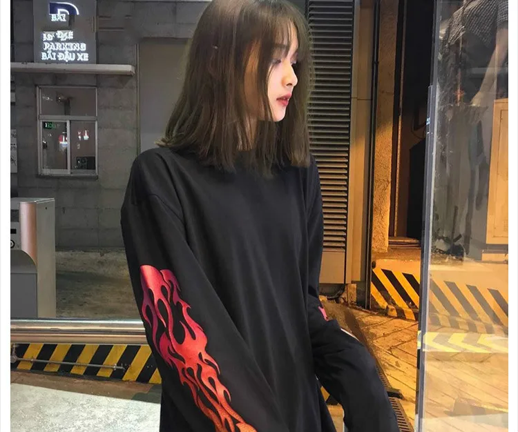 Harajuku корейская мода футболка с длинным рукавом для мужчин флам Письмо печати High Street Забавные футболки скейтборд Gd Dark Souls Tee