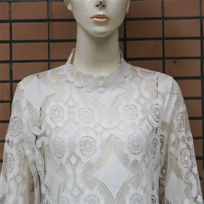 Элегантная женская кружевная блузка официальная белая рубашка с длинным рукавом