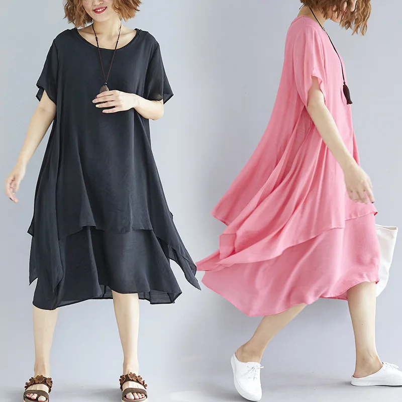 Johnature Solid Color Casual Loose Cotton Linen Dresses New 2019 Summer O-Neck Short Sleeve Irregular Ruffles Women | Женская одежда