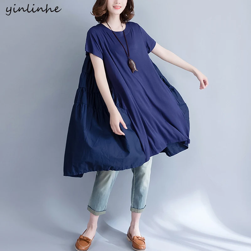 Yinlinhe за размер 5xl женщины свободный черный dress лето модальные лоскутная твердые