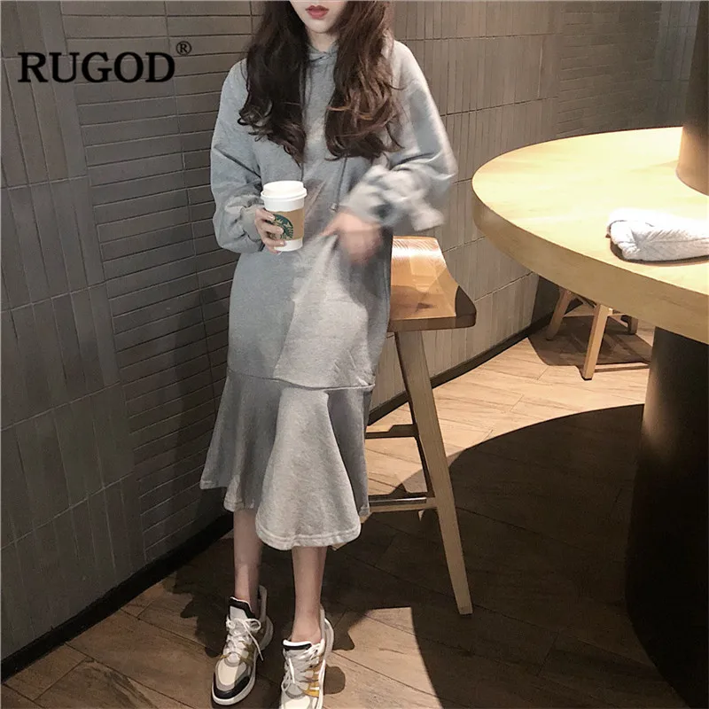 RUGOD/модное повседневное женское платье с длинным рукавом и капюшоном однотонное