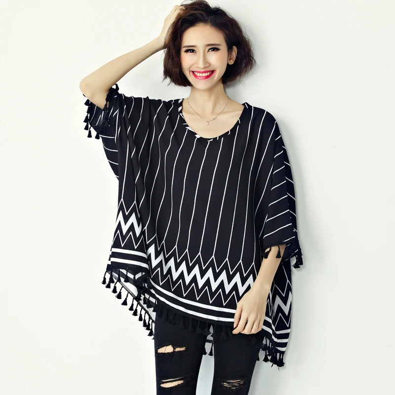 Doornot Plus size Cloak Shirts Summer Korean Women Casual Loose Streetwear Batwing sleeve Striped Tassel Chiffon Beach Tops |