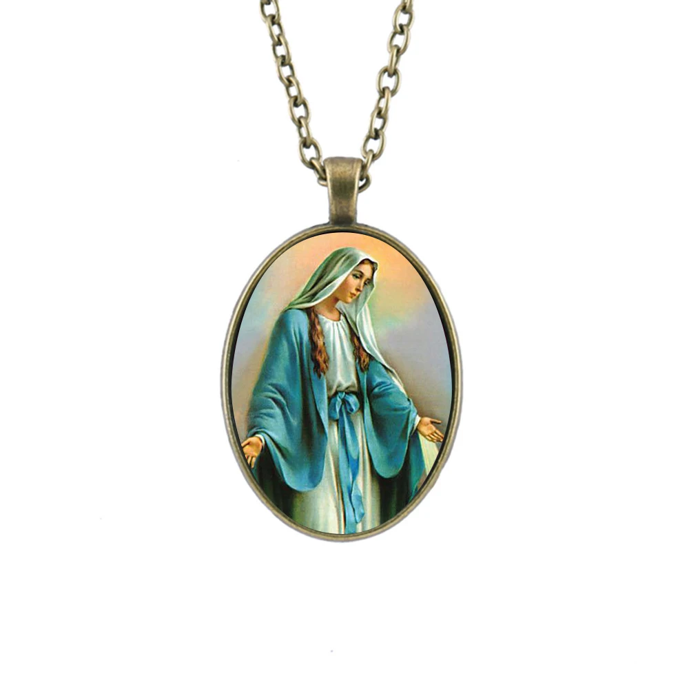 Мадонна изображение Стеклянные кабошоны Подвески Ожерелья Христианская культура овальная Подвеска Подарки в пользу детей семьи 30*40 мм.