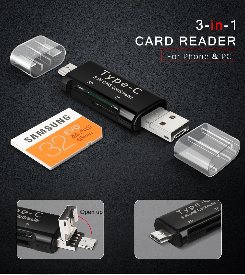 Raugee type C и Micro USB OTG кард-ридер 3 в 1 USB-C 2,0 Универсальный TF SD Разъем для чтения для мобильного телефона ПК Mac компьютерный адаптер