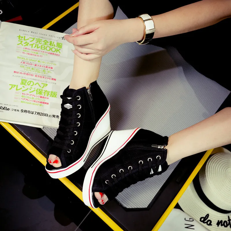 Spring summer 2019 new lady Wedges peep toe Canvas Shoes Woman Platform High top Height Increasing Casual big size A138 | Обувь