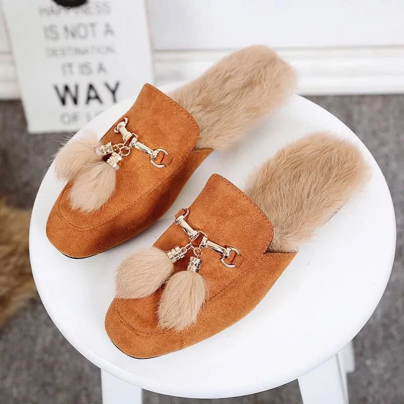 Camel tassel Bailehou/Женские меховые тапочки; замшевые плюшевые туфли без задника в стиле ретро; лоферы с пряжкой и кисточками в британском стиле; женская повседневная обувь на плоской подошве; уличные тапочки - Цвет: Camel tassel