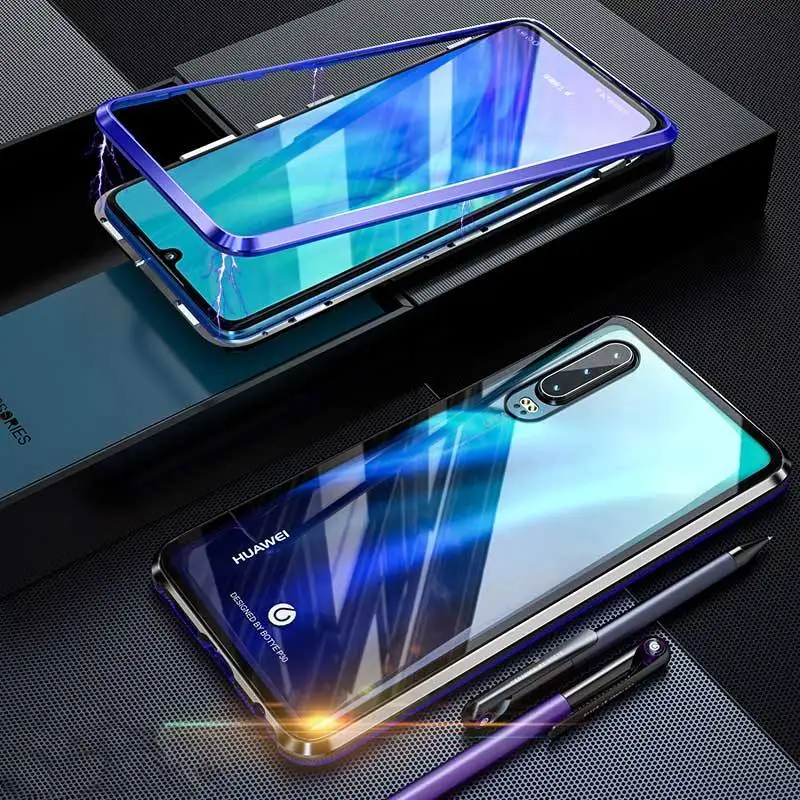 black blue Магнитный металлический чехол для huawei P30 Pro Чехол-книжка Роскошный Металлический стеклянный противоударный алюминиевый бампер чехол для huawei P 30 Lite чехол - Цвет: black blue