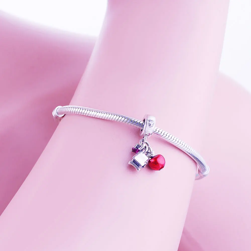 Подходит для оригинальных шармов Pandora Браслеты стерлингового серебра 925 пробы Яблоко& бусины в форме сердца с красной эмалью DIY ювелирные изделия подарок Berloques