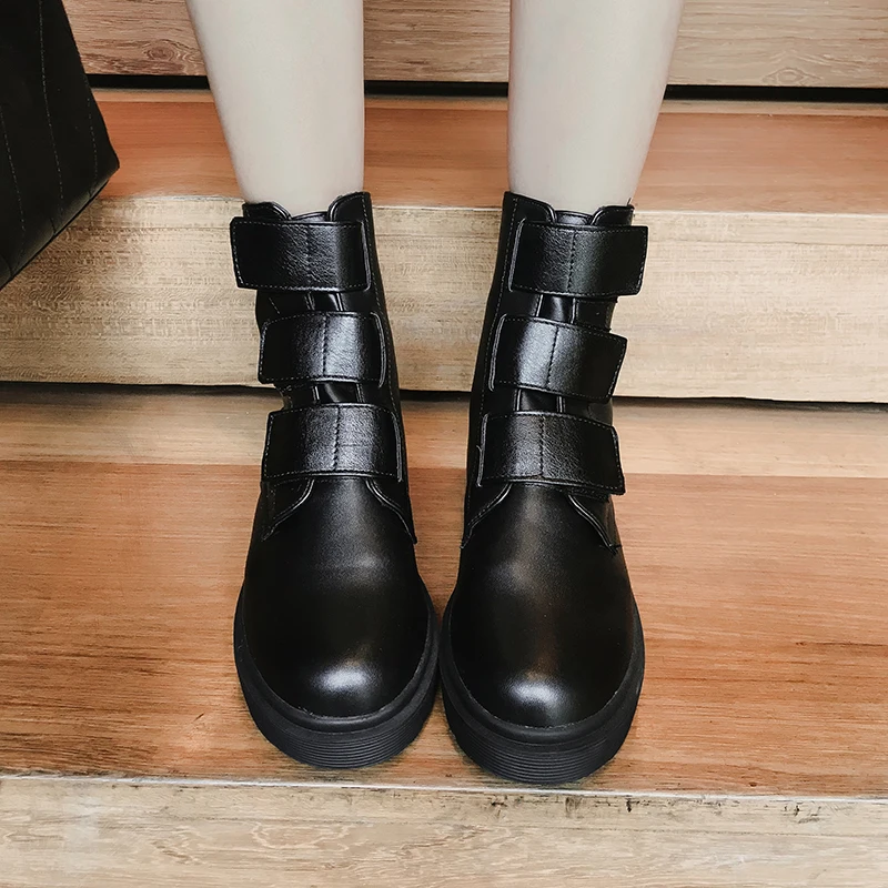

JK Motorcycle Ankle Boots Women Round Toe Flat Booties Ladies Fashion Casual Platform Shoes Female Pu Hook Shoes Winter 2019 New