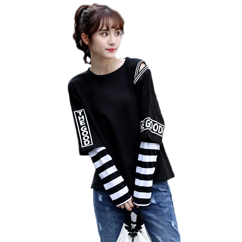 

Spring Autumn fashion loose tops for women Fake two pieces patchwork stripe long sleeve letter print big size t-shirts female