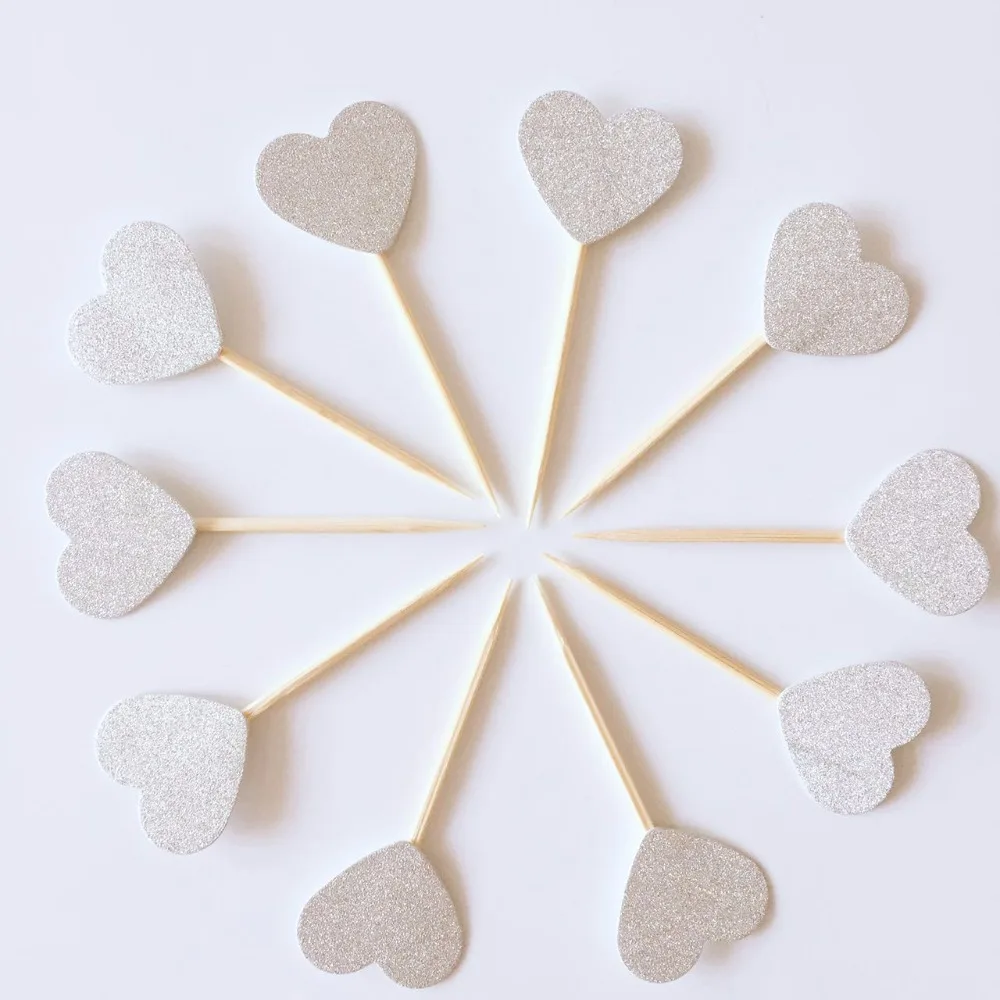 

10pcs/lot Glitter Small Heart Cake Topper Multi Colors Love Flags Stick For Wedding Birthday Party Cake Baking Supplies