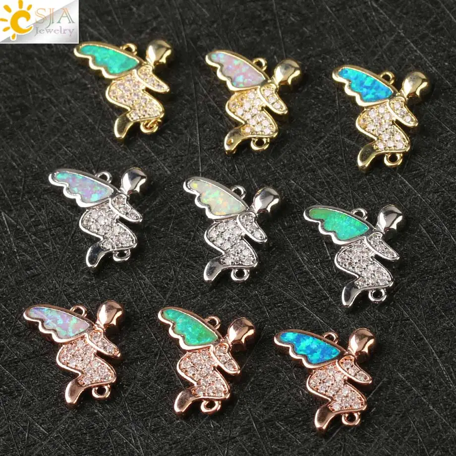 CSJA Fairy Little Angel Charms Pave Zirconia CZ Fire Opal Connector for Women Girls DIY Making Jewelry Valentine's Day Gift G134 |