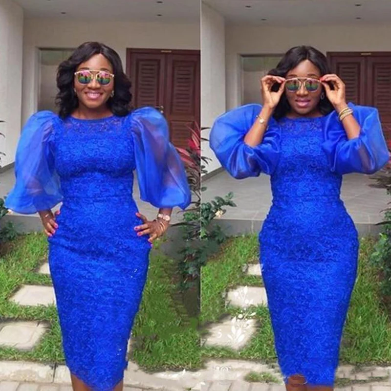 Aso ebi Короткие коктейльные платья с пышными рукавами Королевский синий африканские платья для выпускного вечера кружева длиной до колена Оболочка вечерняя одежда платье
