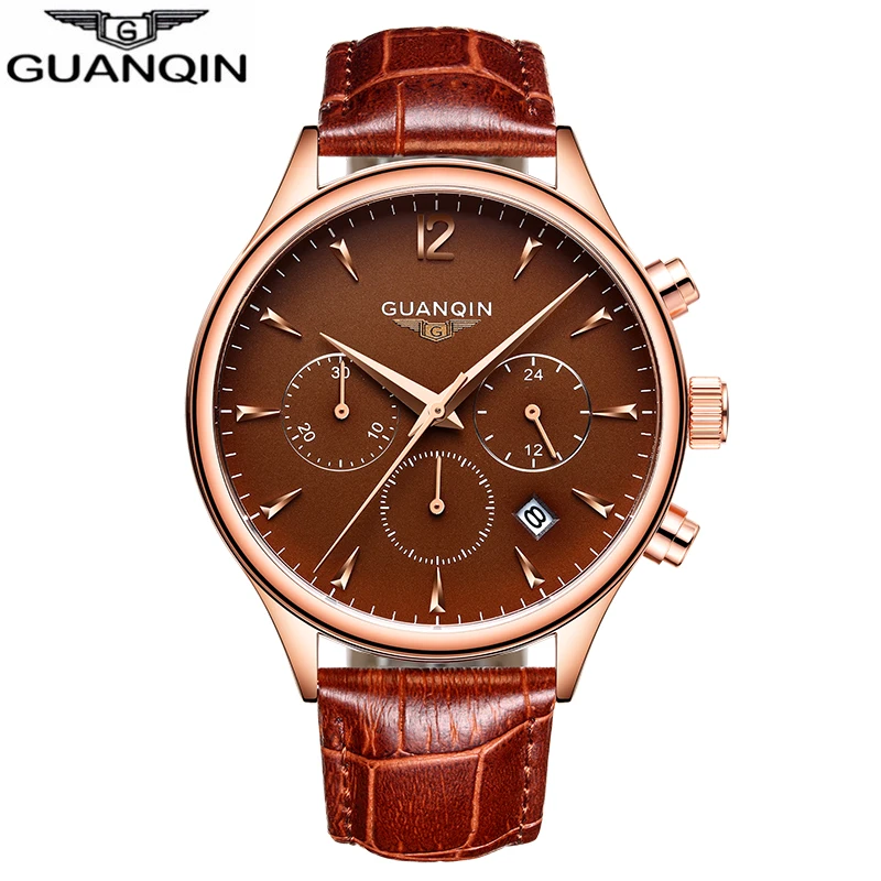 Guanqin мужские часы Топ бренд класса люкс GUANQIN Мужские Бизнес наручные часы хронограф кожа кварцевые часы Relogio Masculino A