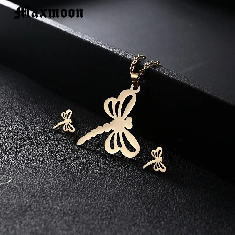 Maxmoon наборы из нержавеющей стали для женщин в форме стрекозы ожерелье серьги