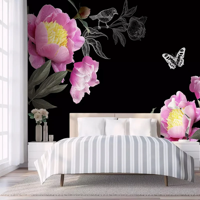 3D настенная бумага Современная розовая роза ручная роспись Бабочка птица фото