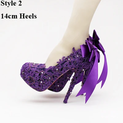 Purple Style Two Модные туфли для невесты на высоком каблуке со стразами и цветами Свадебная обувь из фиолетового кружева Прекрасные высококачественные дамские туфли-лодочки на платформе со стразами - Цвет: Purple Style Two