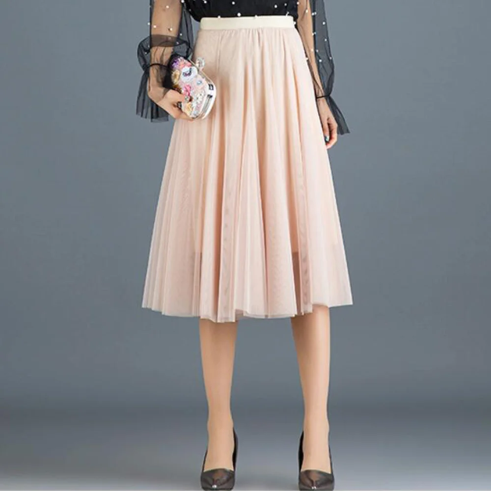 

Autumn And Winter Women Tulle Skirts Elastic Waist A Line Midi Skirt Jupe Femme Black Mesh Pleated Boho Long Skirt Saia Faldas