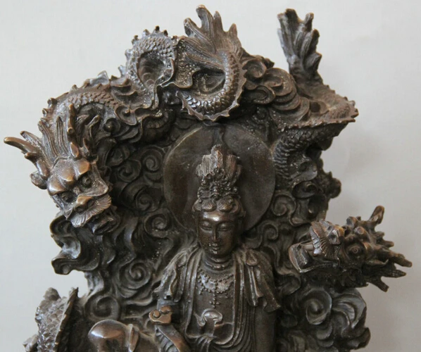 SCY S0524 16 &quotКитайский Бронзовый Ru Yi Seat Nine Dragon Kwan-yin Guan Yin Boddhisattva статуя | Дом и сад